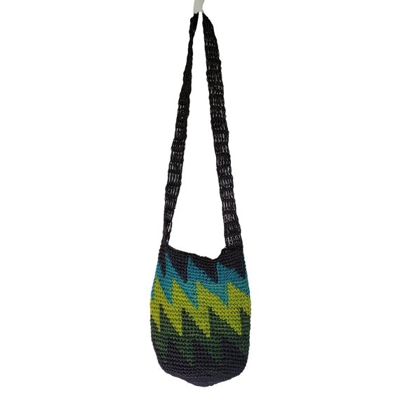 Colombian Handcrafted Raffia Crossbody Bag Navy Turquoise Green - Picture 4 of 8